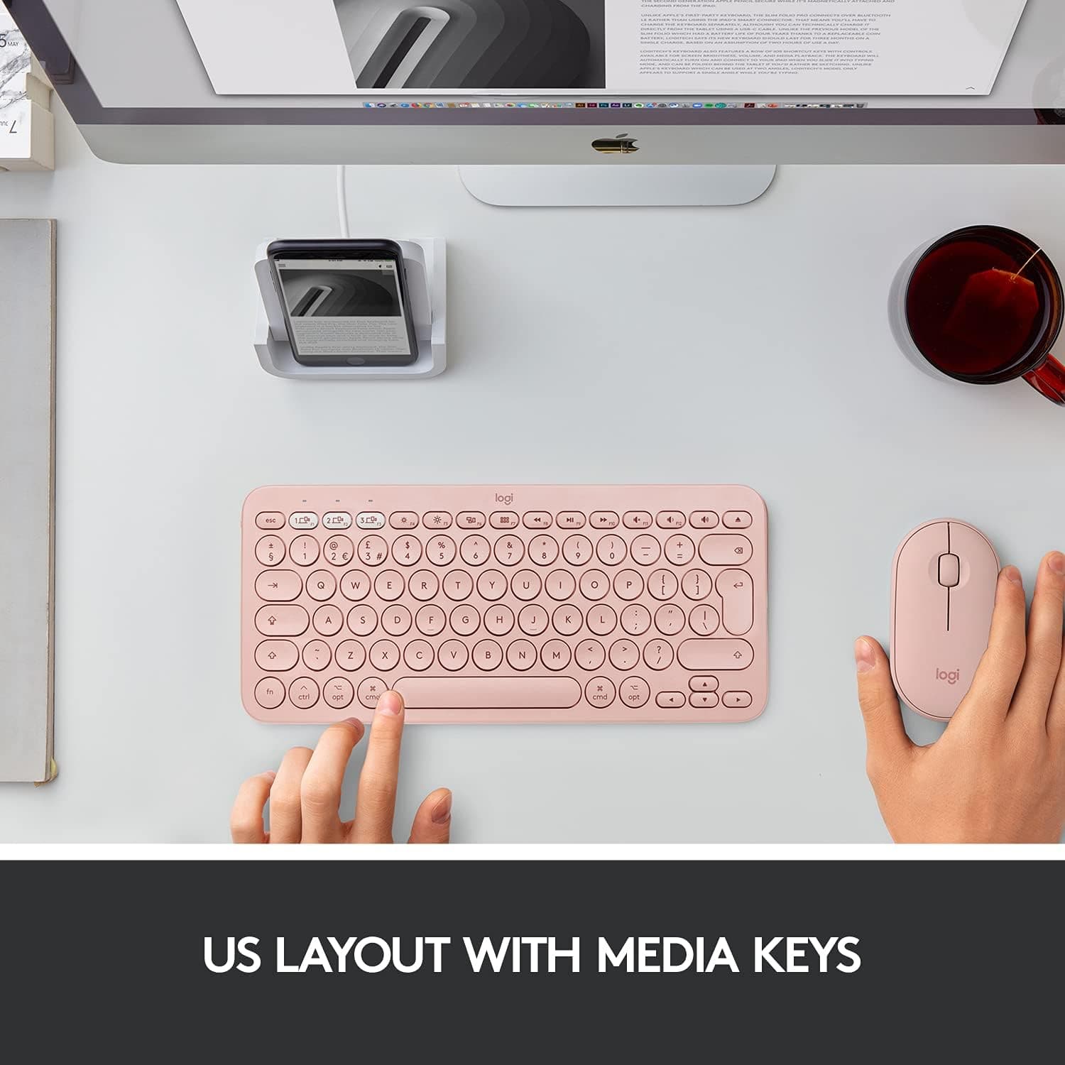 Buy Logitech,Logitech K380 Multi-Device Bluetooth Keyboard for Mac with Compact Slim Profile, Easy-Switch up to 3 Devices, Scissor Keys, 2 Year Battery, macOS/iOS/iPadOS, QWERTY UK English Layout - Rose - Gadcet | UK | London | Scotland | Wales| Near Me | Cheap | Pay In 3 | Keyboard & Mouse